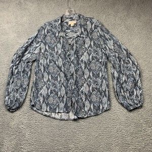 Band of Gypsies Shirt Womens M Blue Snakeskin Pattern Bishop Sleeves Button Up
